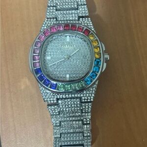 Silver Watch with Multicolor Gemstones